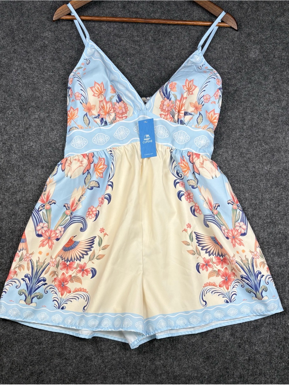 Cupshe Pastel Blue and Cream Floral & Bird Print Romper